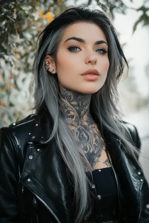 Image of a woman in her 40s , long hair with gray and black highlights ,    bright blue eyes   , white,    Black tattoo that goes from shoulder to neck, daring clothes,    leather jacket,   lots of ear piercings   