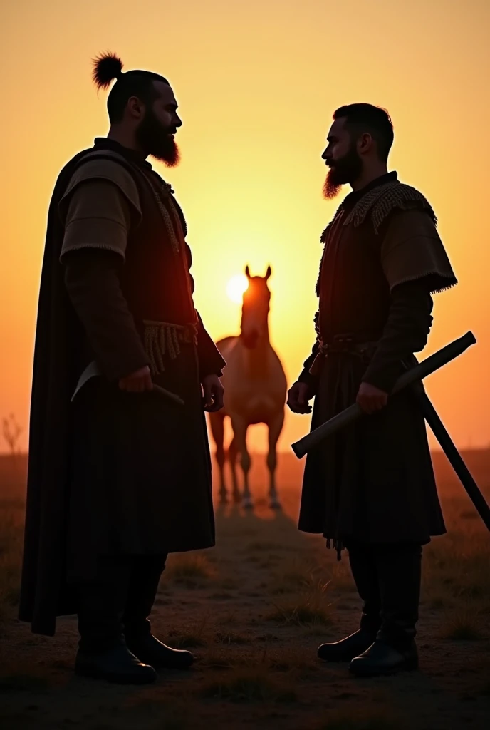   Post about the conflict with Genghis Khan

Picture :  Silhouettes of two figures — father and son standing opposite each other in a tense scene. They're in shells , with weapons,  in the background of a horse . 
described

