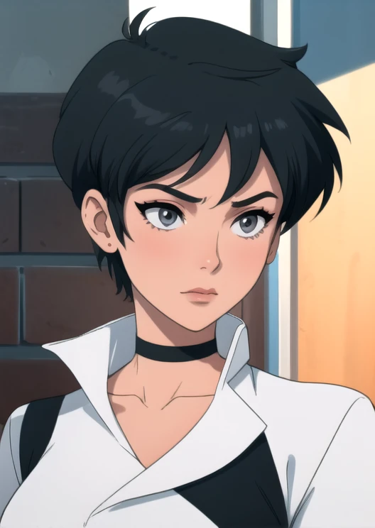 Ranma-chan. very short hair. choker. Grey eyes. black hair. All white bodysuit, a photo of a face in the vicinity. 
