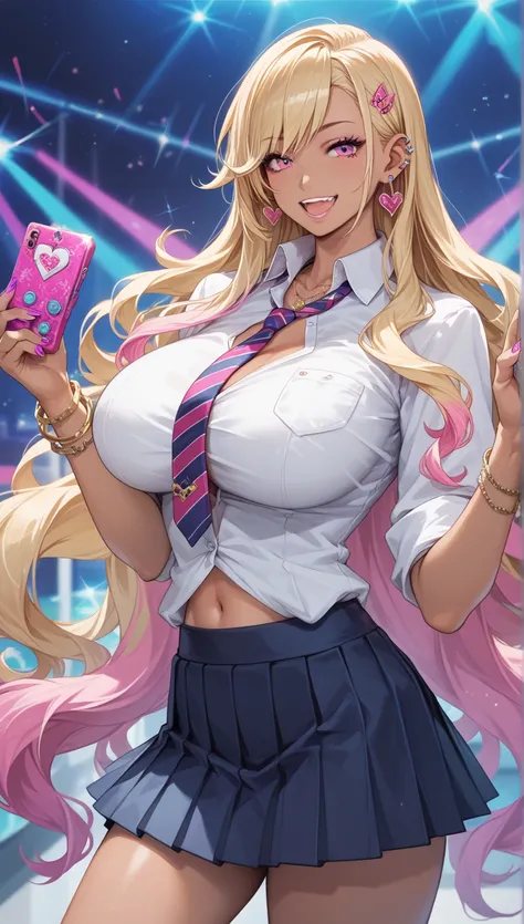 KJOmarin,   Blonde Hair, long hair,  Pink eyes ,  Earrings, Ear piercing, Multi-Color Hair , score_9, score_8_up, score_7_up, source_animation,  Masterpiece, best quality , huge breasts,  shirt collar ,  Tie Top , Pleated Skirt,  Gorgeous and Unreal Repair...