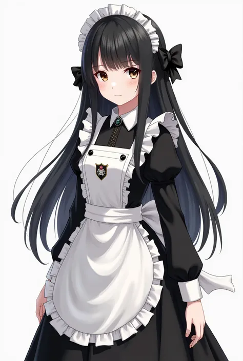 she is a young and beautiful girl with white silk smooth skin and toned body with black long, straight hair, adorned with a large bow that tied and gathering her hair neatly behind her head and a frilled maid’s cap. Her hair parted in the middle, with long...