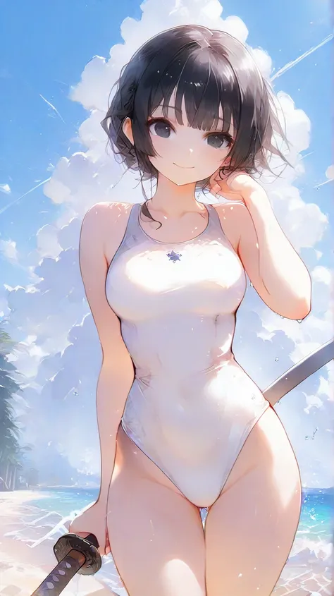 An HD scene of a 30 year old woman, with black bobcut hair, with (black eyes), wearing a ((white one-piece swimsuit with a black wolf art)), holding a wooden katana, high detail, high quality, best quality, masterpiece, 8k, (perfect body), at a beach with ...