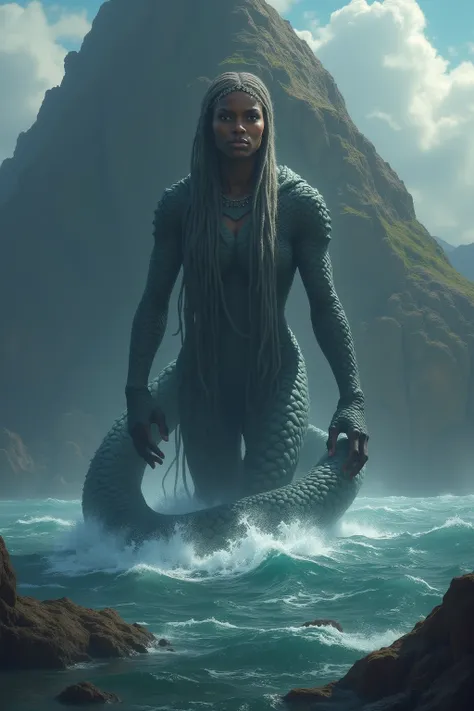 Majestic sea creature half woman african American goddess giant emerging from behind a large mountain 