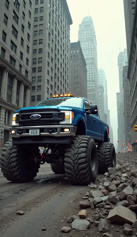 The Ford F-150, now an absolutely gargantuan force of nature, has grown beyond belief. Its tires, each larger than entire skyscrapers, loom like titanic wheels of destruction. From an aerial perspective, the truck is tearing through New York City, its mons...