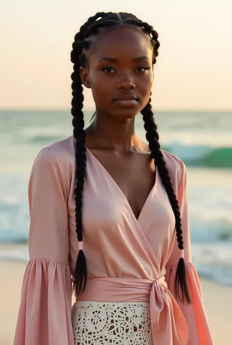 Generate a stunning Fulani-Senegalese girl with caramel brown skin stands on a Dakar beach at early sunset. Her long, dark braids feature four soft pink strands framing her face. The pastel-hued sky casts a diffused golden glow, enhancing the tranquil atmo...