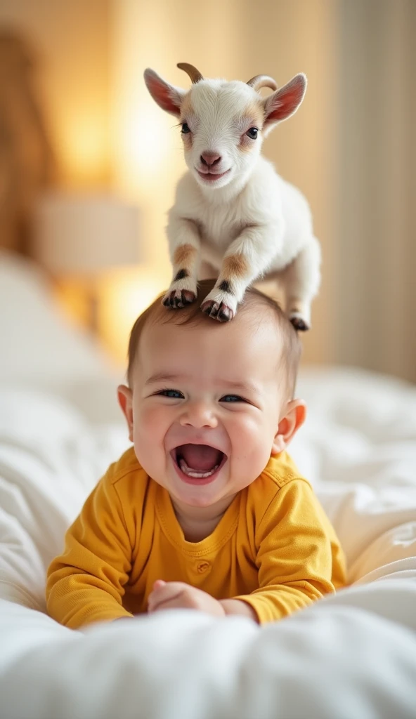 "A heartwarming and joyful scene featuring a laughing baby in a yellow onesie, lying on a soft white bed. On top of the baby’s head, a small, adorable baby goat with tiny hooves and curious eyes is standing, playfully balancing itself. The background is so...