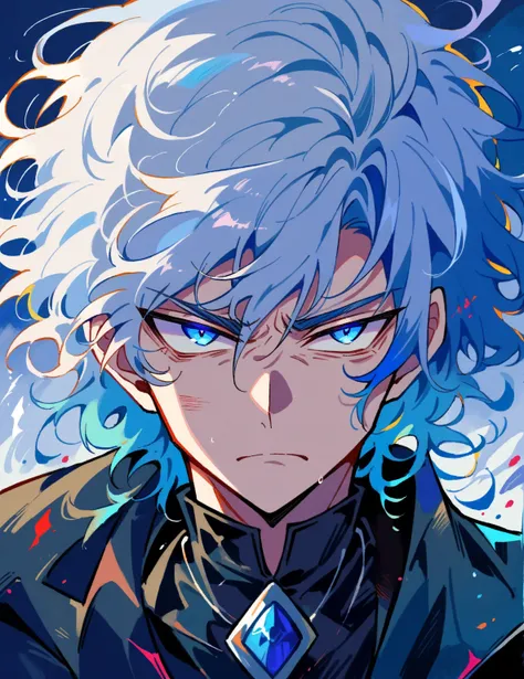  A boy,  alone,  serious face ,  a penetrating look, bright blue eyes,  messy hair,  white hair, blue highlights, colored hair white and blue ,black coat with details,  neck pendant.