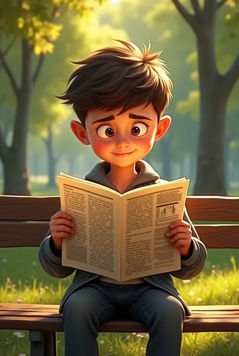 Ben, a young boy, sitting on a park bench reading a newspaper, looking thoughtful