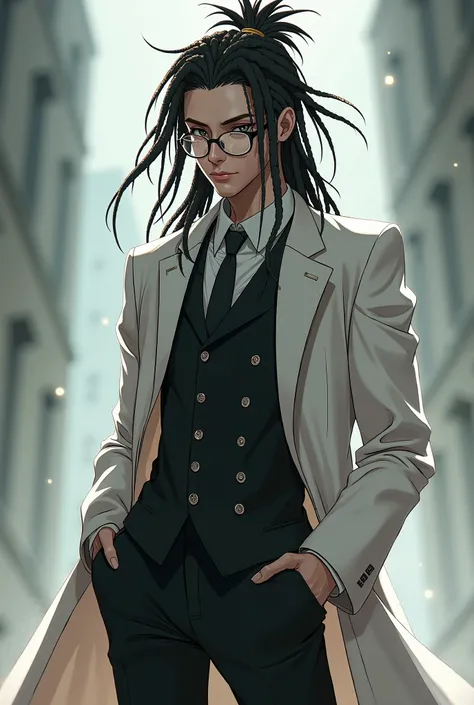  Male character, no muscles, no beard, dark dreads tied together by two snake-white dreads,  round black glasses , black suit and a white overcoat,  anime style