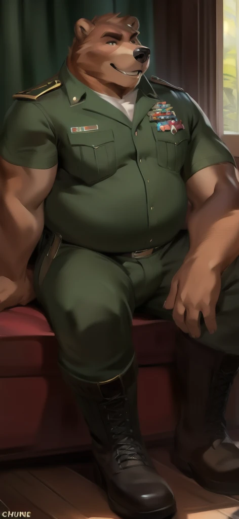   alone,  Tall Big Man  ,  Sitting Inside  .,  in wardrobe  , bear ,  Long Aloe Vera Tree   ,  Black Green Military Uniform ,   Wearing Boots  , Overweight,   Muscle  ,  smiley , by chunie  