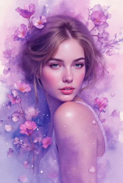 Create a watercolor painting featuring a young woman, inspired by the style of Agnes Cecil. Incorporate ink bleed effects and use a color palette dominated by purple and pink hues.