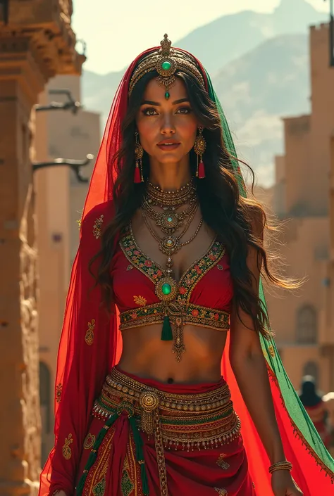 Moroccan Goddess 。1 person。Beautiful Goddess。 wears the Moroccan flag。