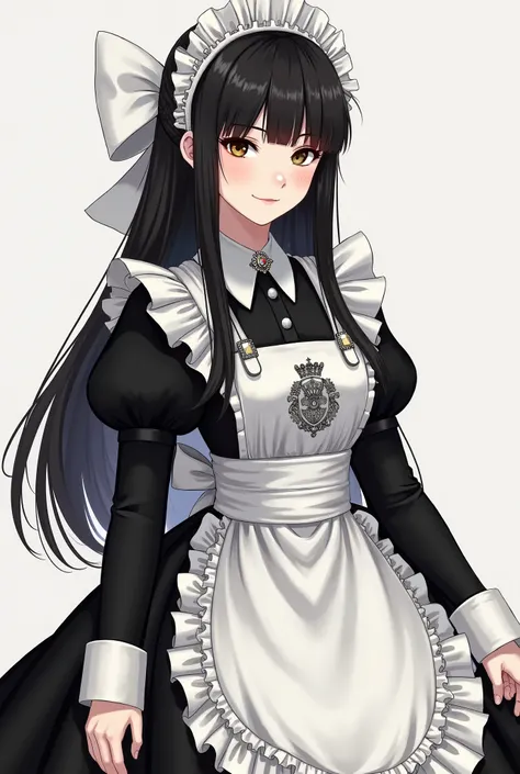 She is a beautiful girl with plump breasts and white silk smooth skin and toned body with black long, straight hair, adorned with a large bow that tied and gathering her hair neatly behind her head and a frilled maid’s cap. Her hair parted in the middle, w...