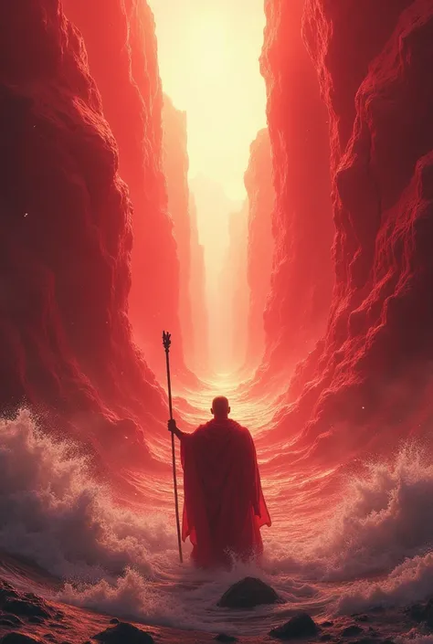 A man raising a staff looking towards the sea, a Red Sea with its giant waves being opened in the middle with a path between the openings for people to pass through