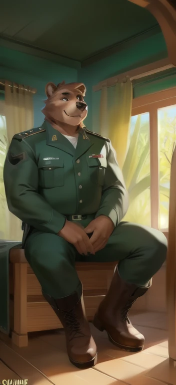   alone,  Tall Big Man  ,  Sitting Inside  .,  in wardrobe  , bear ,  Long Aloe Vera Tree   ,  Black Green Military Uniform ,   Wearing Boots  , Overweight,   Muscle  ,  smiley , by chunie  