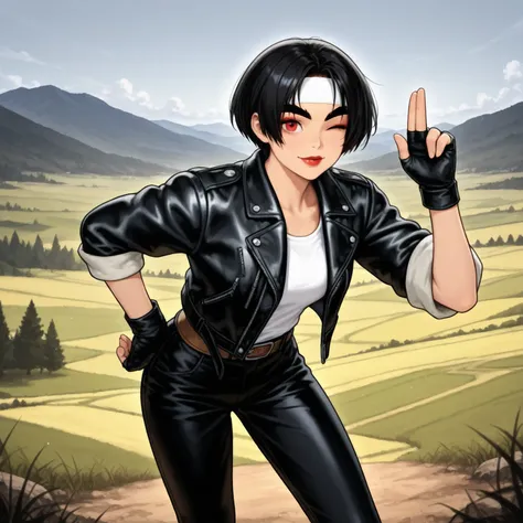 1 girl, solo, voluptuous, black hair, short hair, unibrow, red eyes, narrow eyes, (thrush: 0.8), red lips, (black leather jacket with rolled up sleeves)), black fingerless gloves, white T-shirt, ((white headband)), black pants, white shoes, wearing brown s...