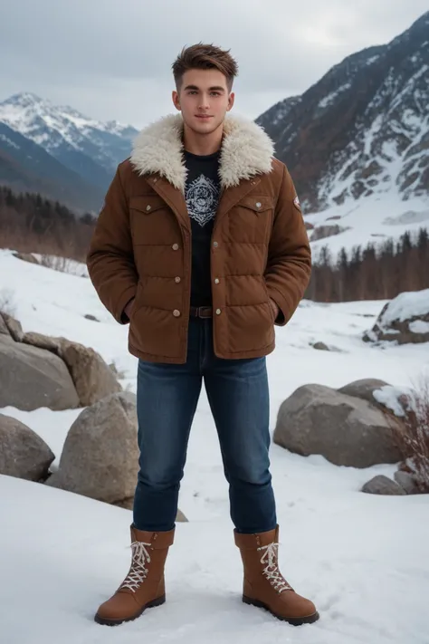 A handsome young guy of twenty years of European appearance with a short haircut, thin build, with a short haircut, stands against the backdrop of a mountain range in a winter jacket and brown jeans,on his feet are short brown boots with white laces,высоки...