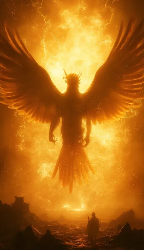 With a swift and graceful movement, the mysterious Garuda warrior lifts the baby into its protective arms. A portal of swirling golden energy opens before them, crackling with immense power. The warrior's majestic wings beat strongly as it flies into the t...