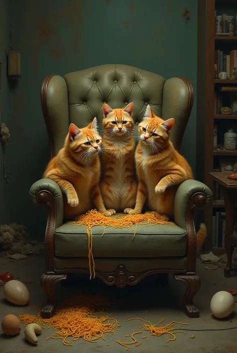 Brown cats sitting on a chair, eating egg and spaghetti crying