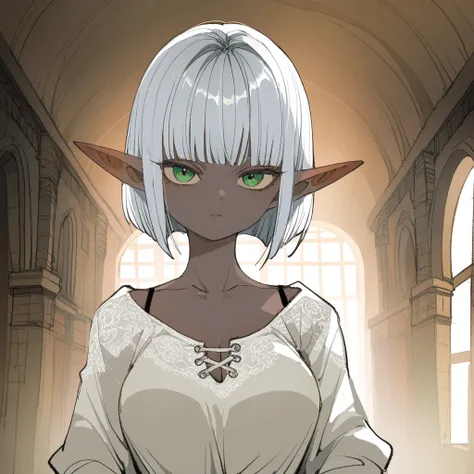 A female dark elf, silver bob cut hair, green eyes, akanbe, breasts, casual outfits, upper body, looking at the viewer, indoors, (artist:rariatto \(ganguri\):0.4), (artist:demizu posuka:0.8), very awa, masterpiece, best quality, newest, highres, absurdres