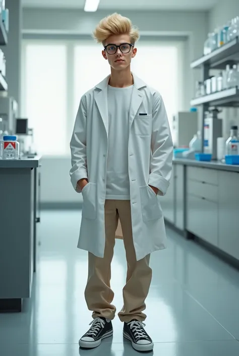  19-year-old man , high, Blonde with blue eyes, usa um óculos de high grau, He wears a simple white shirt and beige pants, with a black sneakers . Wear a lab coat . The hair is well combed