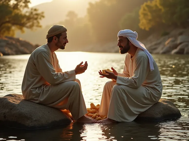 “The Prophet Isa as and the man sat on a rock by the river, with three pieces of bread between them. The Prophet took one and the man took one, while the third loaf was left. When the Prophet returned after drinking in the river, the third bread was gone. ...