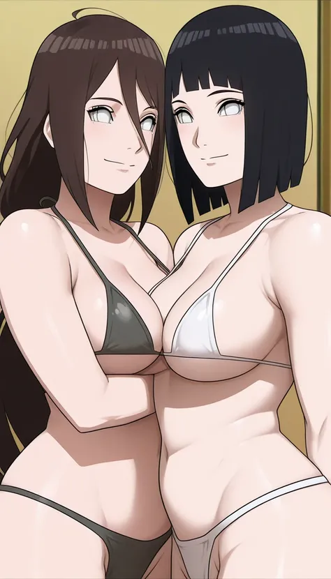 ((best quality)), ((masterpiece)), (detailed), hinata ( short hair, black hair, white eyes, wide hips, narrow waist , chubby body )) and Hinabi   ((long  hair, brown  hair, white  eyes, wide hips, narrow waist, chubby body  )), 2girls,  two hot and sexy vo...