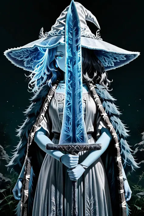 masterpiece, best quality, newest, absurdres, highres, anime, anime style 1girl, ranni_the_witch, extra arms, blue skin, 4 arms, DarkMoonGreatSword-IL.V1.0, weapon, sword, holding weapon, holding sword, holding