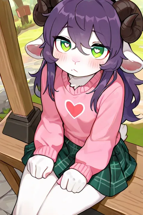  masterpiece,  best quality ,  1femboy, anthro, sheep horns, видно sheep horns, lamb ears ,  Anthropomorphic guy, sheep horns , white skin,  light skin  ,  purple hair ,  green eyes ,  long hair,  disheveled hair , flat chest ( black skirt,  pink sweater, ...