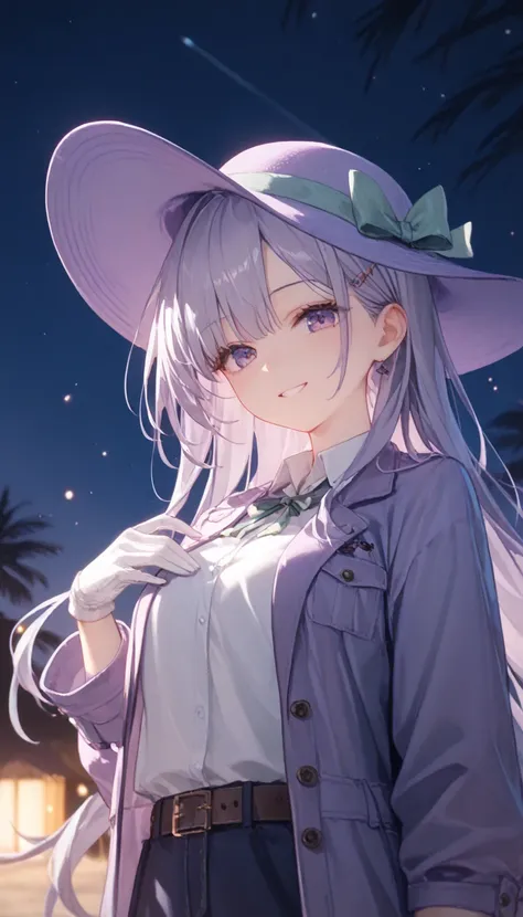  Masterpiece,  top quality, Munching Heron, Purple hat,  hair clips,  green ribbon,  purple jacket,  white gloves, belt,  purple miniskirt,  upper body,  blanking, smile,  and stare at the viewer,  beach,   night , moon, firework,  place your hand on your ...