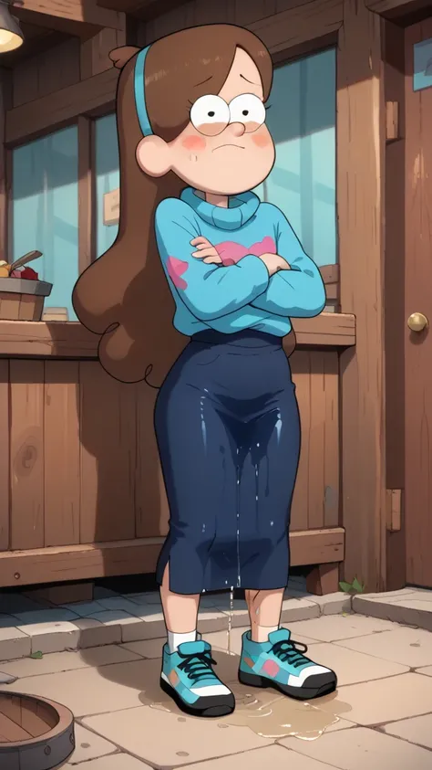 8k high resolution, best quality, Mabel, brown hair, skirt, narrow waist, wide hips, looking embarrassed, wetting herself, peeing her pants, omo wet pants, having an accident, couldn’t hold it in, blushing, wet skirt, wet patch on skirt