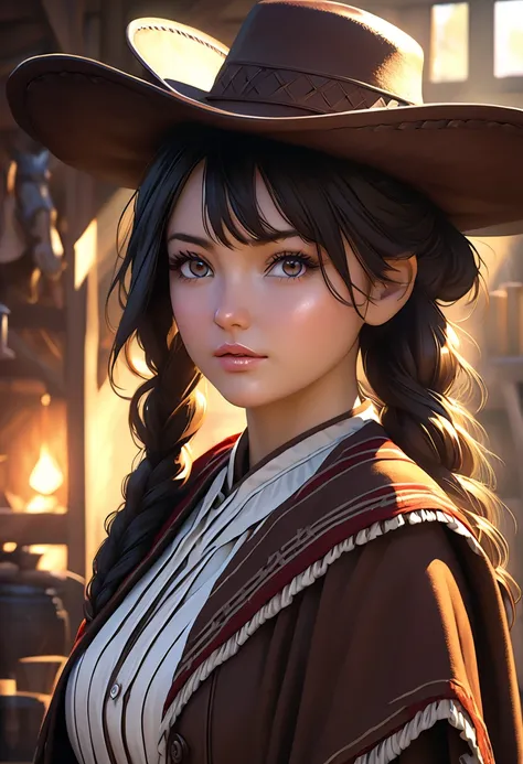 HYPER REALISTIC ONE GIRL IN OLD WEST CLOTHING,  fantasy art,  photorealistic,  dynamic lighting ,  ART STATION,  highly detailed face, 4K,  I arranged the  ,