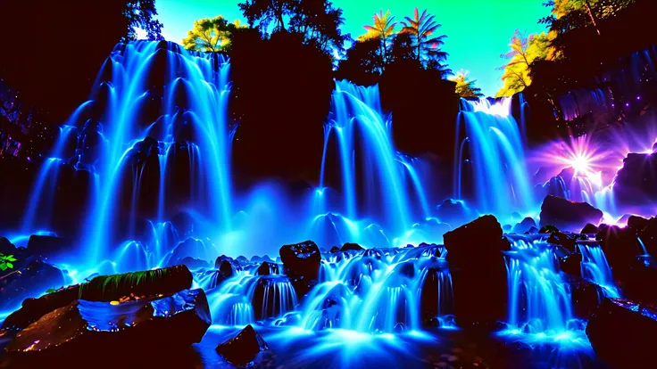 32K Resolution Masterpiece , top quality , super detailed, Extremely high resolution 32K wallpaper , shot with a fisheye lens , the flow of many layers of waterfalls , cobalt blue luminescent waterfall, The rock shines fluorescent green , super detaile...