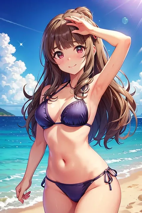  glossy brown hair , , ( 、Sparkling Eyes, fine grain)、smile、 super detailed eyes 、 highly detailed face,  with very elaborate eyes,The cowboy shot the girl,, , ,   pose with arms raised in a blue bikini, Chest, Chestの谷間,  thighs,  beach,,Nao Kamiya,  embar...