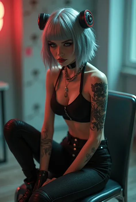 arafed woman sitting on a chair with a tattoo on her arm, sinister pose, dollpunk, sexy pudica pose gesture, imvu, creepy pose, cyborg - girl with silver hair, pvc poseable, epic 3 d abstract emo girl, cyberpunk 2 0 y. o model girl, the anime girl is crouc...