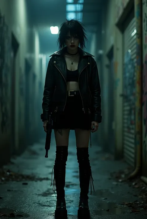 a full body photograph of a 30 year old Goth girl wearing black leather jacket, skirt, extreme high  platform heel boots, holding a gun in the alleyway