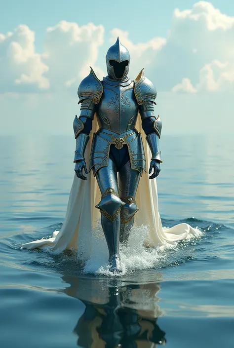 Create a knight with armor inspired by the sign of Pisces, walking on the waters of a calm ocean, ultra realistic