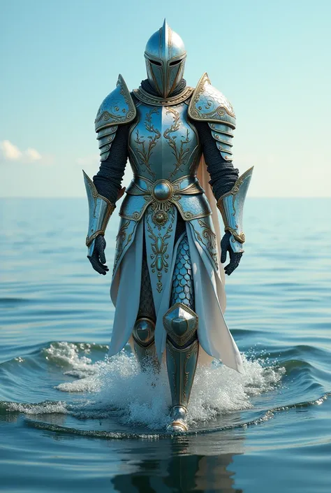 Create a knight with armor inspired by the sign of Pisces, walking on the waters of a calm ocean, ultra realistic