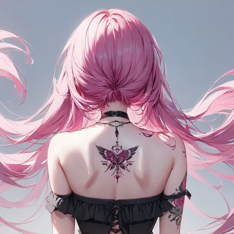 1 girl, pink eyes, pink hair, back length hair tattoo, dark color 