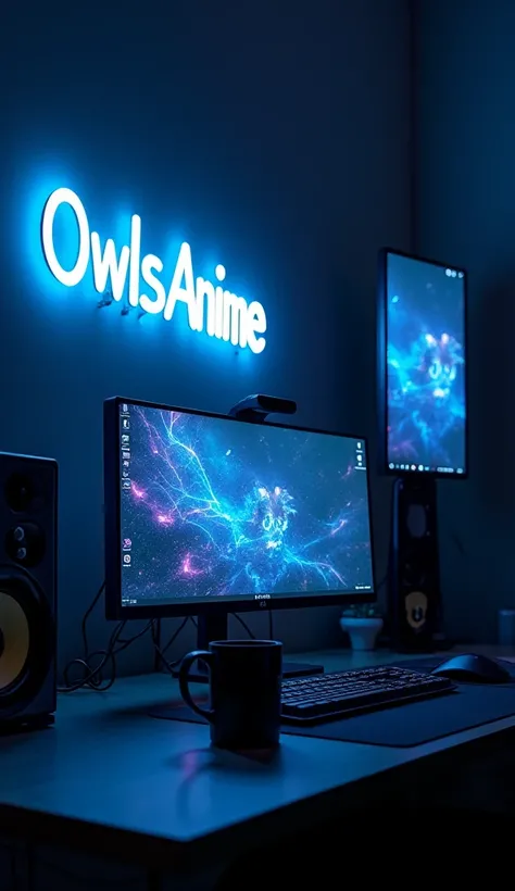 One computer screen is on the table,  is centered ,the second narrow screen is mounted on the wall, there is a neon sign on the wall above the computer "OwlsAnime", dark blue glow, mug in front of the computer,  cyberpunk style 