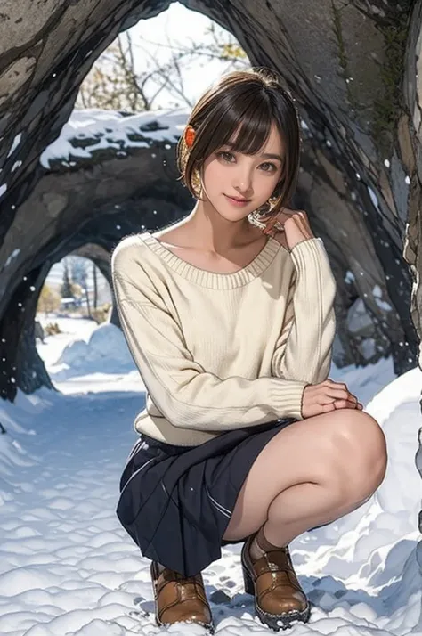 Snow Country Snow Cave ,  girl,  Very Short Bob Hair,  sweater and skirt, wonderful,  Masterpiece, At night, A cute little smile,  squats,  looking straight ahead 