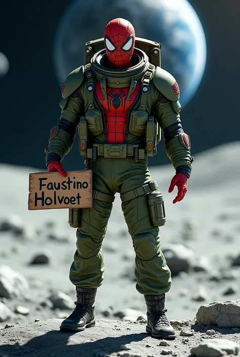 Spiderman green military astronaut on the moon with a sign in his hand that reads Faustino Holvoet