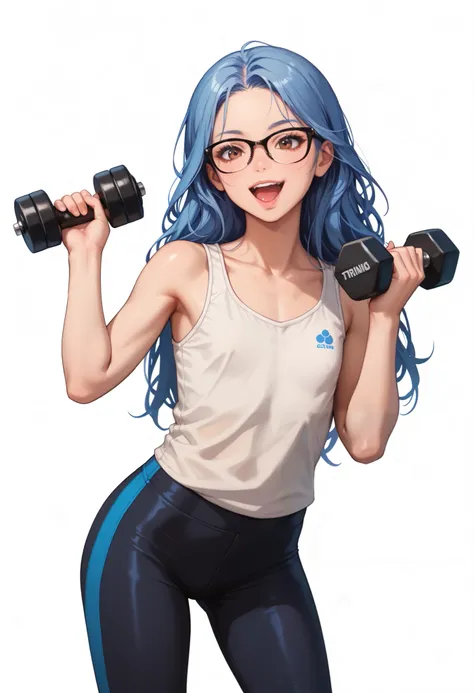 ((White background )) (Curve:1.1) rathing_safe ,((1girl)) , (solo girl) ,((Straight and blue shiny hair)), Slim face (straight blue long hair:1.5), lip stick, (brown eyes:1.2), Age 29 years ((Asia girl))  (Wearing glasses) ((white tank top:1.4))  ((Black s...