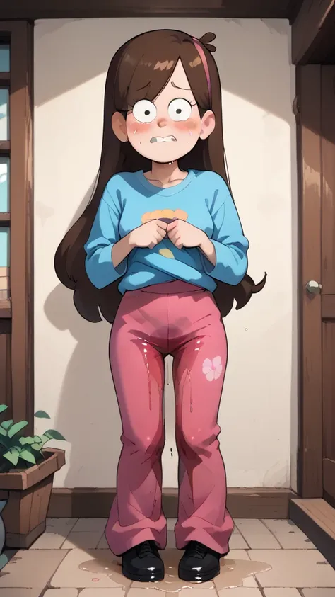 8k high resolution, best quality, Mabel, brown hair, skirt, looking embarrassed, scared, frightened, cowardly, Palishy, peeing her pants in fear, wetting herself, peeing her pants, omo wet pants, having an accident, couldn’t hold it in, blushing, wet skirt...