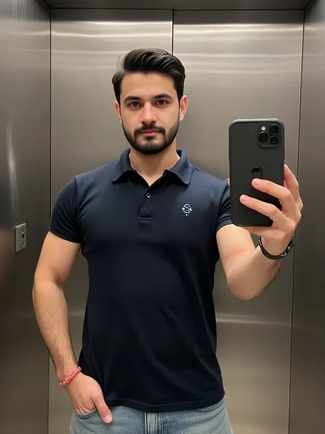 a young handsome turkish guy with muscle,  dark short hair and goatee beard he wearing a dark blue poloshirt and a light loose jeans he is in a elevator amateur selfie with a iphone 16 pro in black 