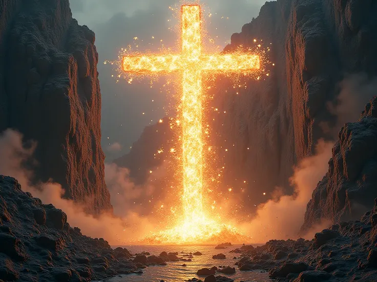 Hands making force chains break in two, Show an explosion where chains burst, Back part a cross on a mountain from where powerful light comes out