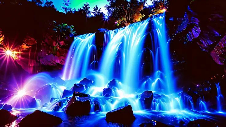 32K Resolution Masterpiece , top quality , super detailed, Extremely high resolution 32K wallpaper , shot with a fisheye lens , the flow of many layers of waterfalls , cobalt blue luminescent waterfall, The rock shines fluorescent green , super detaile...
