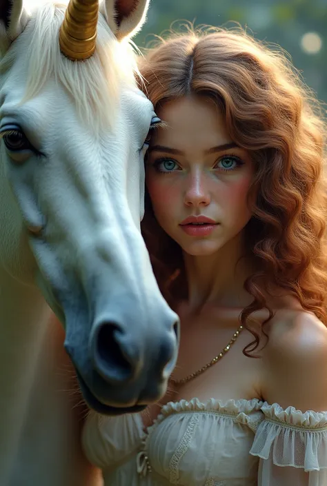 Unicorn image with very dark hair ( chestnuts ) with a young woman with very curly hair and very very realistic blue eyes