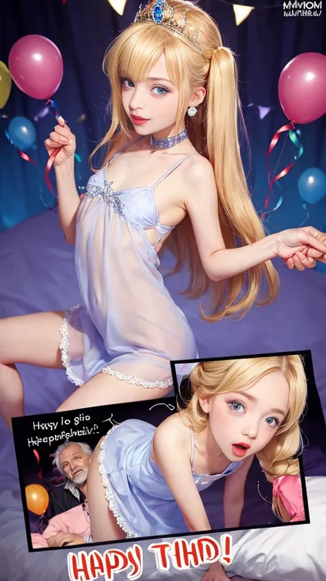 beautiful little 11 yer old Russian girl long blonde hair tiny short dress, dressing like a princess, having sex with an older man in a birthday party