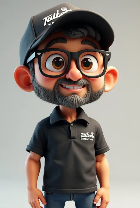 3D cartoon character with a much larger head than a thin body,  Big brown eyes, curly hair and a thinned and gray beard, wearing rectangular glasses,  wearing jeans and black polo shirt , wearing cap and shirt with the inscription Tribal Automotive